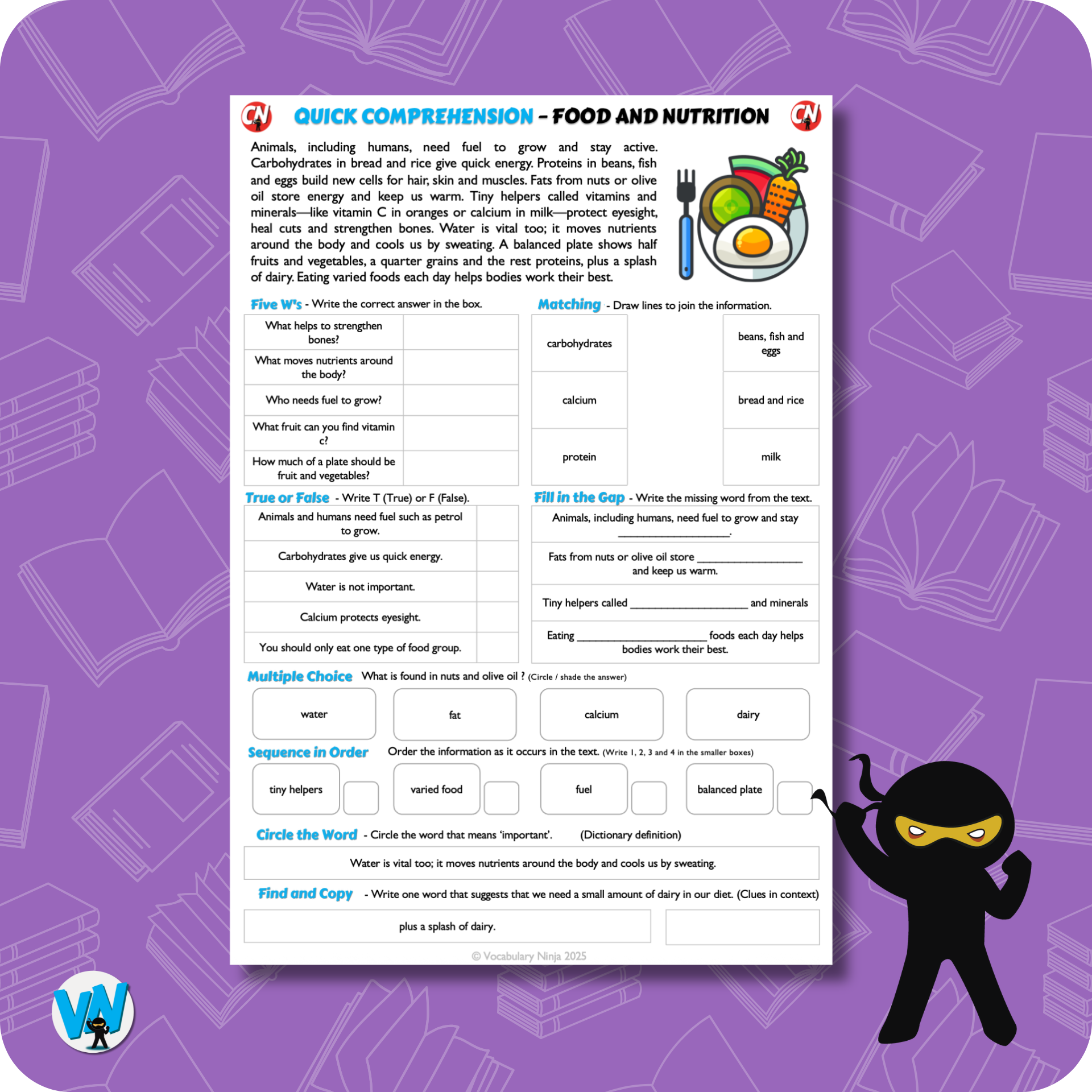 Quick Comprehension Topic Bundle – Y3 Animals and Humans – Vocabulary Ninja