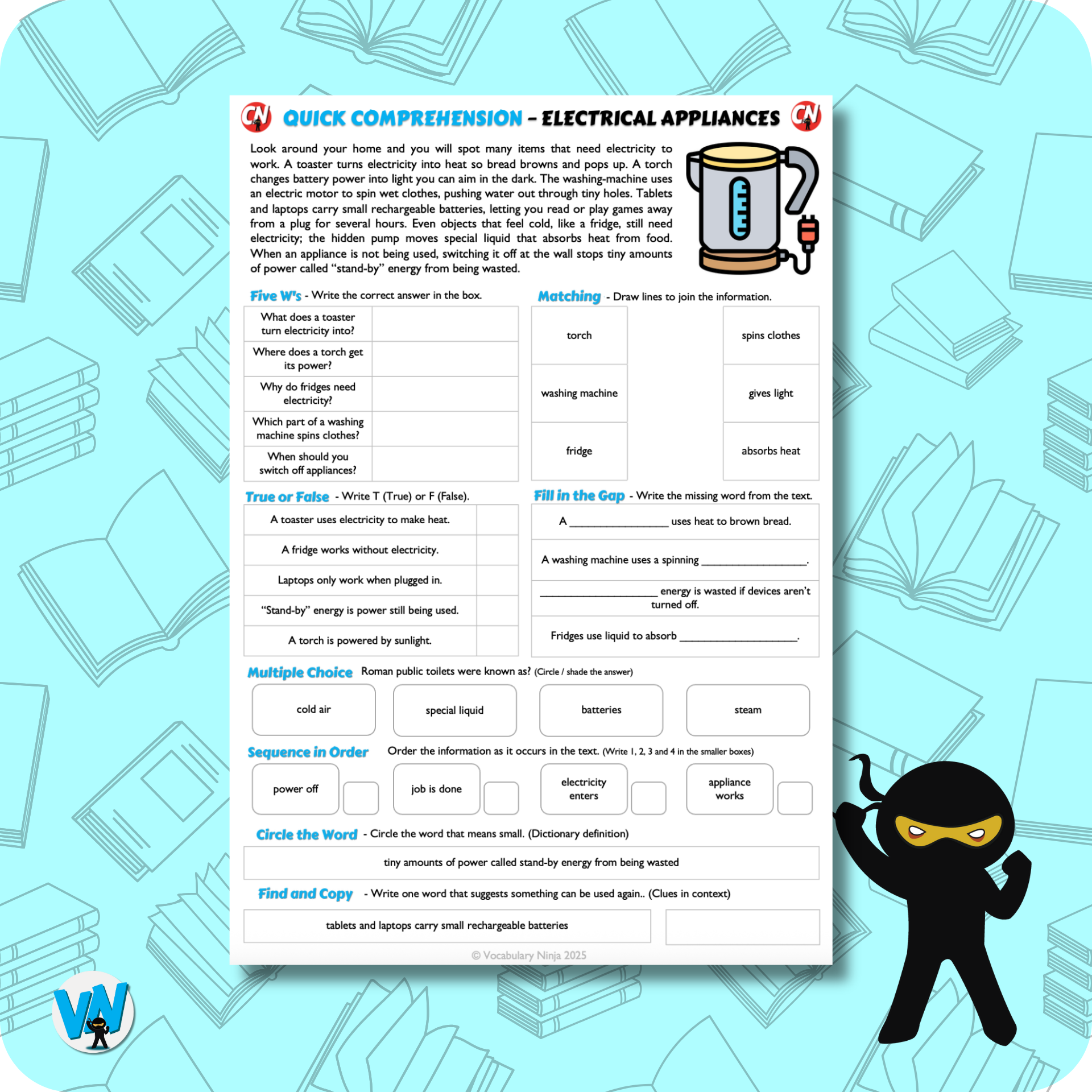 Quick Comprehension Topic Bundle – Y4 Electricity – Vocabulary Ninja