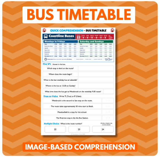 Image-Based Comprehension – Y3/Y4 - Bus Timetable