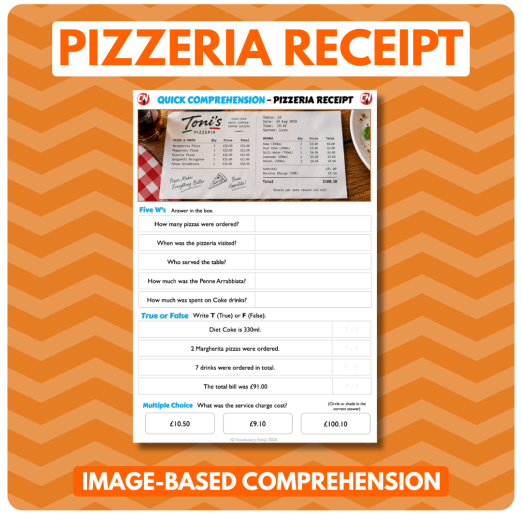 Image-Based Comprehension – Y3/Y4 - Pizzeria Receipt