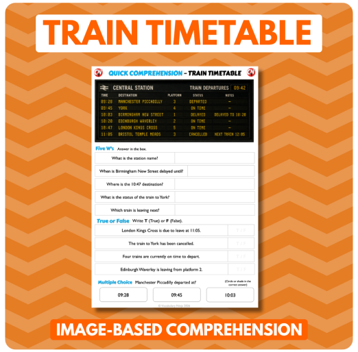 Image-Based Comprehension – Y3/Y4 - Train Timetable